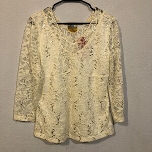 V Cristina White Floral Lace Blouse